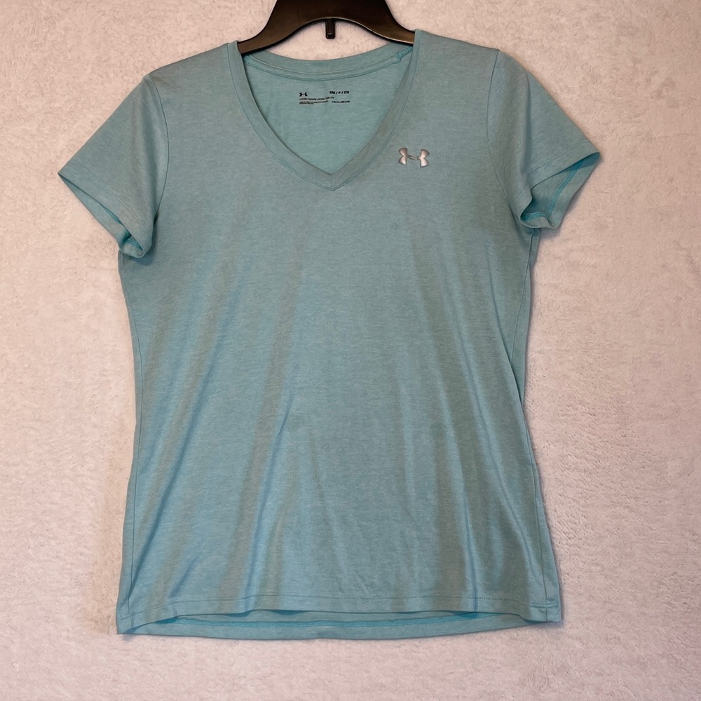 Under Armour HeatGear Loose Fit Aqua V-Neck Athletic T-Shirt Small